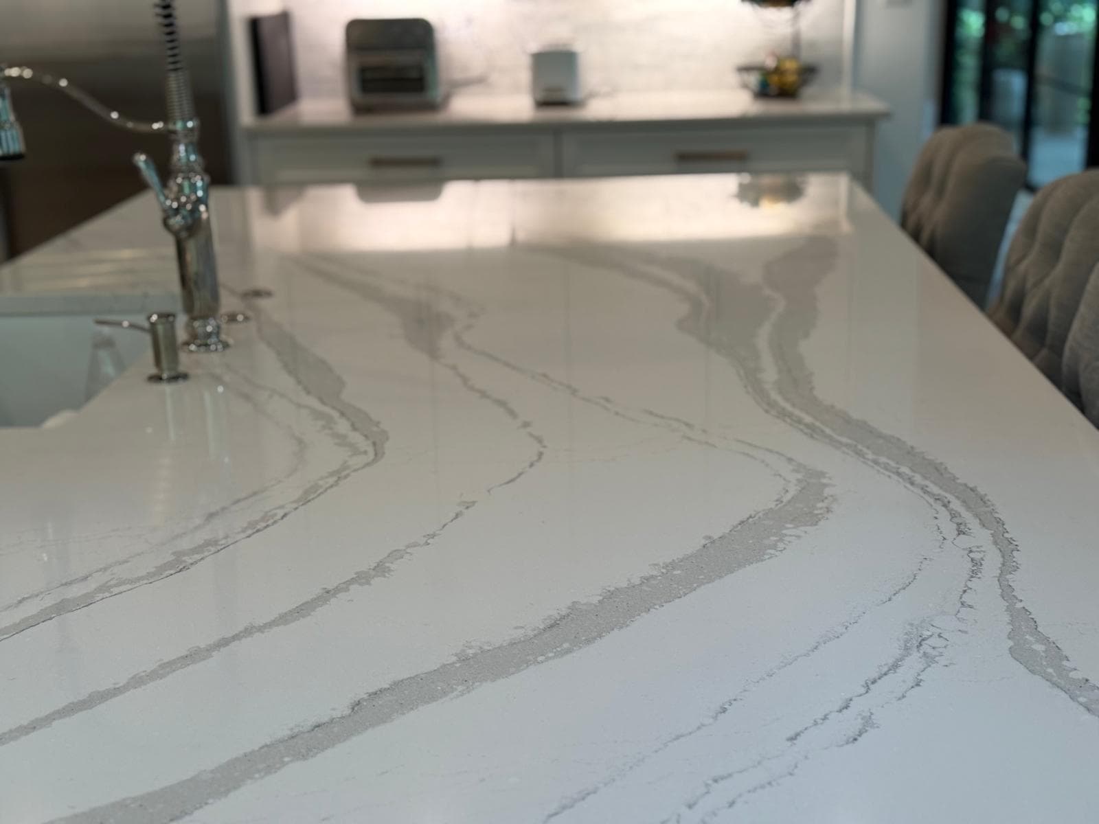 Close-up of a spotless marble kitchen countertop